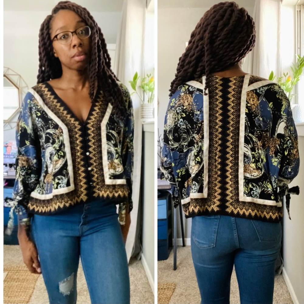 Free People Boho Print Deep V Neck Slouchy Top